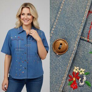 Vtg 90s denim embroidered button blouse - Koret brand (+ free tank top)